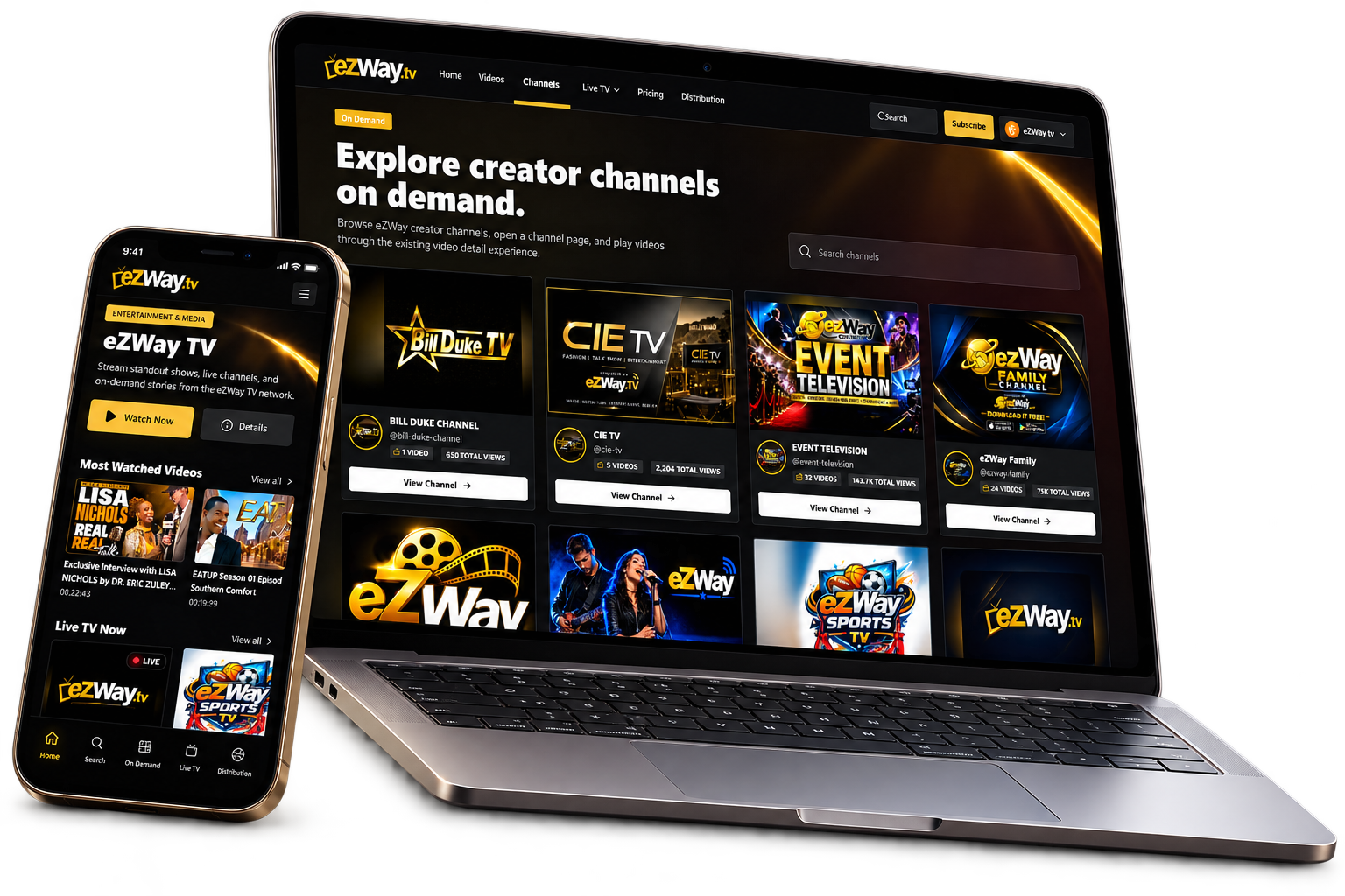 eZWay TV displayed on a laptop and smartphone